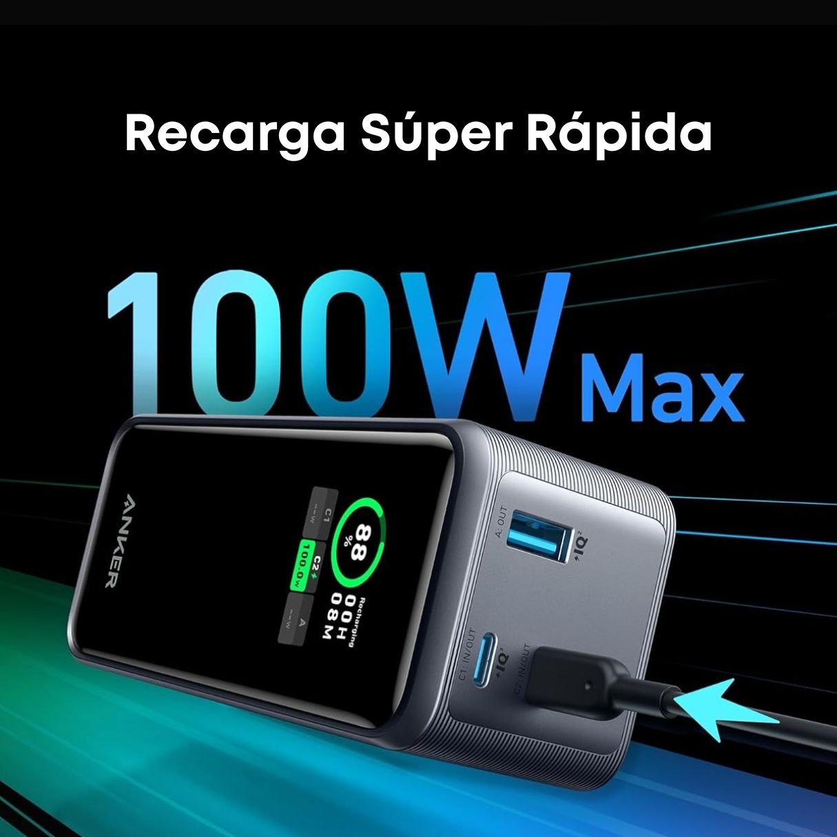 Anker Prime Power Bank de 20,000 mAh 200W pantalla inteligente, 2 puertos USB-C y 1 puerto USB-A para celulares, tablets, laptops y más