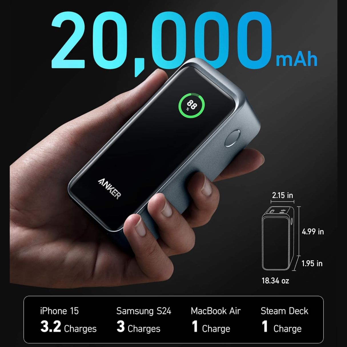Anker Prime Power Bank de 20,000 mAh 200W pantalla inteligente, 2 puertos USB-C y 1 puerto USB-A para celulares, tablets, laptops y más