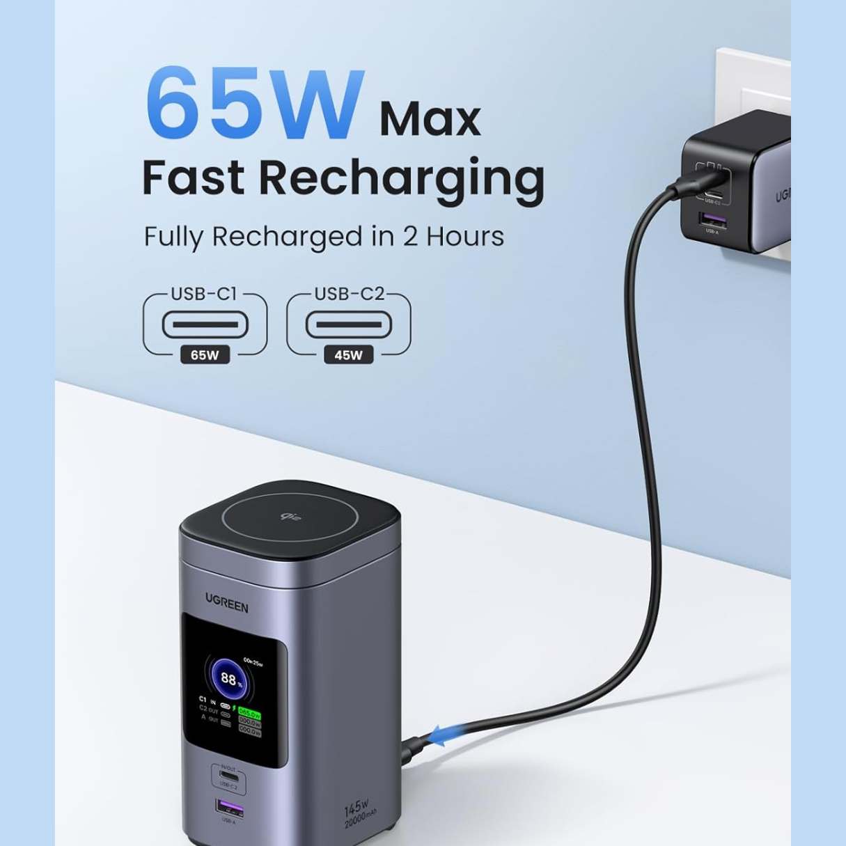 Ugreen Nexode Power Bank 20000mAh 145W PD 3.0 72Wh Qi2 15W Magsafe con pantalla inteligente para iPhone 16 Series/MacBook/iPad, Galaxy y más