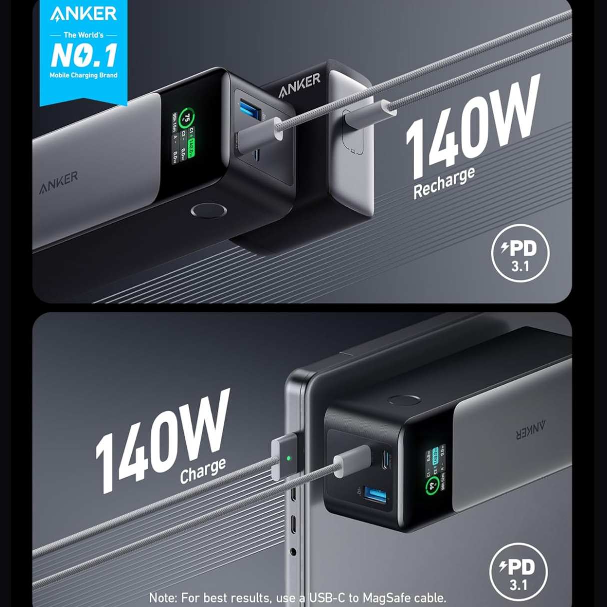 Anker Power Bank 737 24000mAh 140W con pantalla inteligente para laptop, tablet, celulares y más