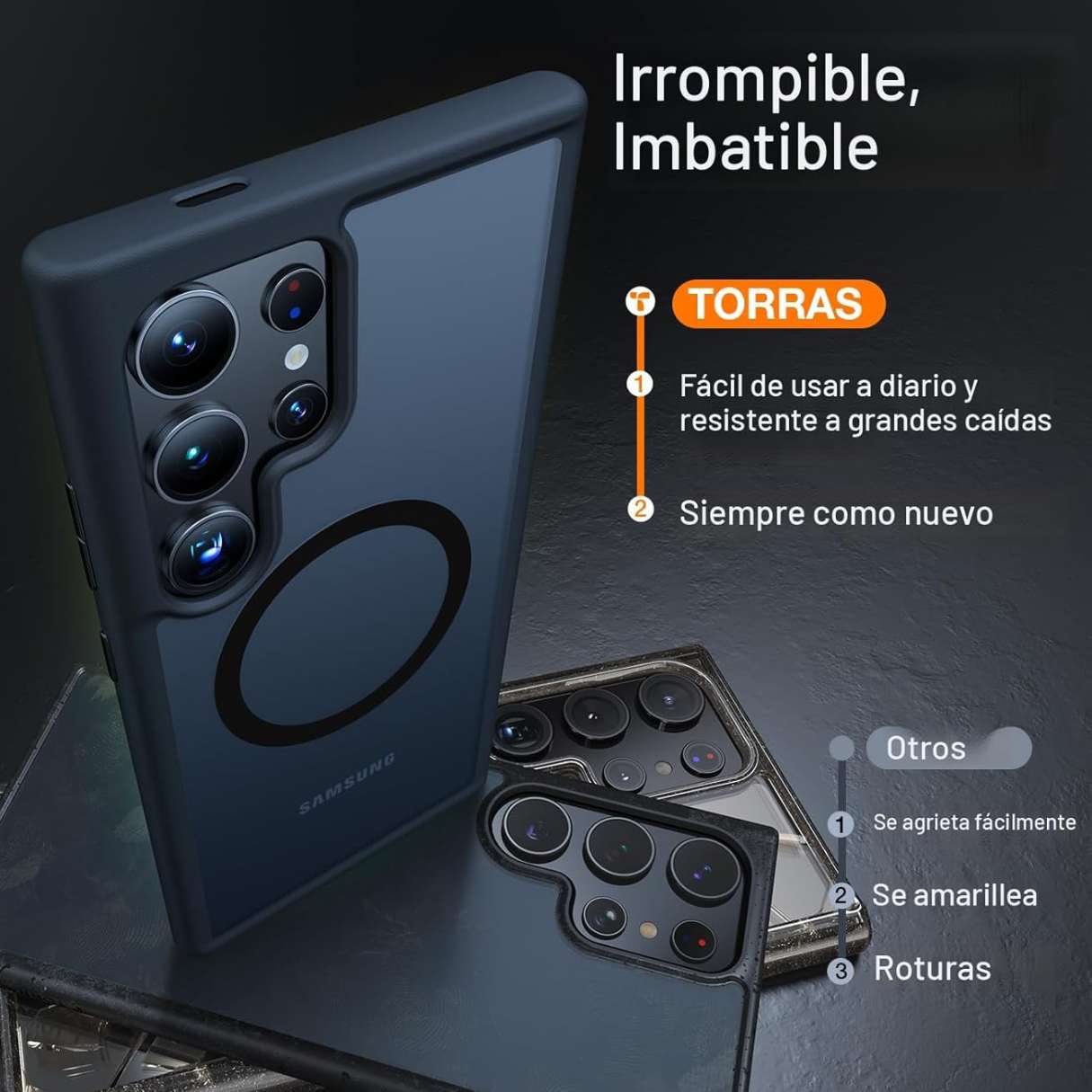 Torras Funda MagSafe para Samsung Galaxy S25 Ultra a prueba de golpes grado militar, delgada, semitransparente, negra