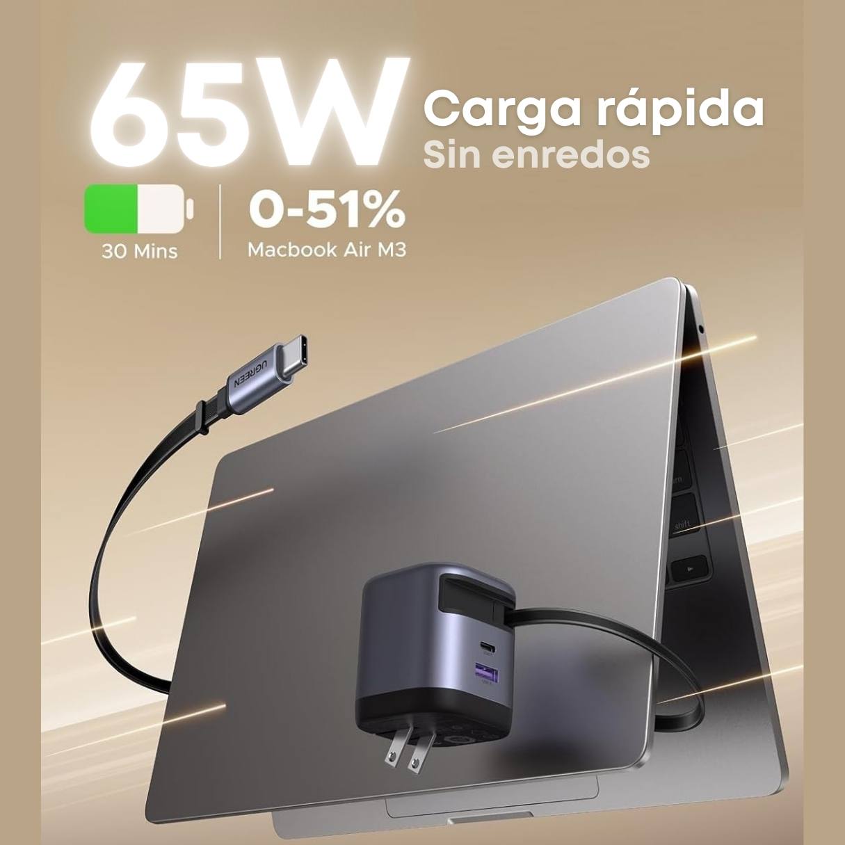 Ugreen Nexode Cargador retráctil tipo C de 65W GaN con cable integrado, carga rápida de 2 puertos para iPhone 17/16/15, Galaxy S25/S24, Pixel 10/9/8, MacBook Air, iPad y más