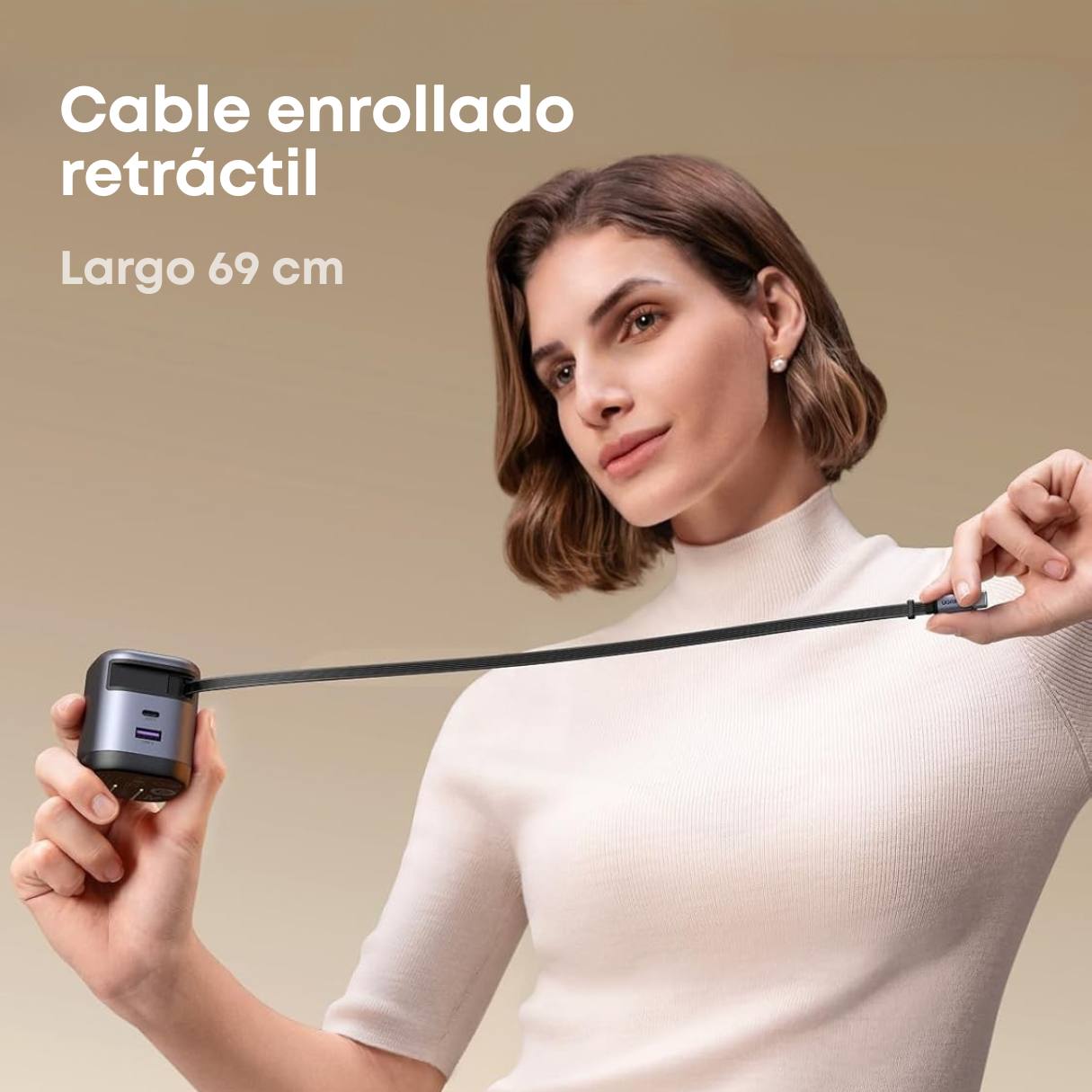 Ugreen Nexode Cargador retráctil tipo C de 65W GaN con cable integrado, carga rápida de 2 puertos para iPhone 17/16/15, Galaxy S25/S24, Pixel 10/9/8, MacBook Air, iPad y más
