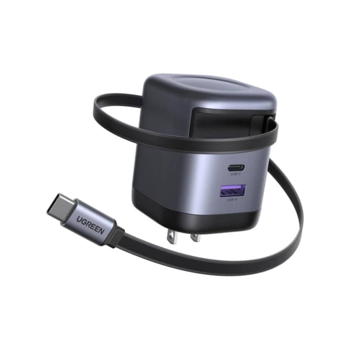 Ugreen Nexode Cargador retráctil tipo C de 65W GaN con cable integrado, carga rápida de 2 puertos para iPhone 17/16/15, Galaxy S25/S24, Pixel 10/9/8, MacBook Air, iPad y más