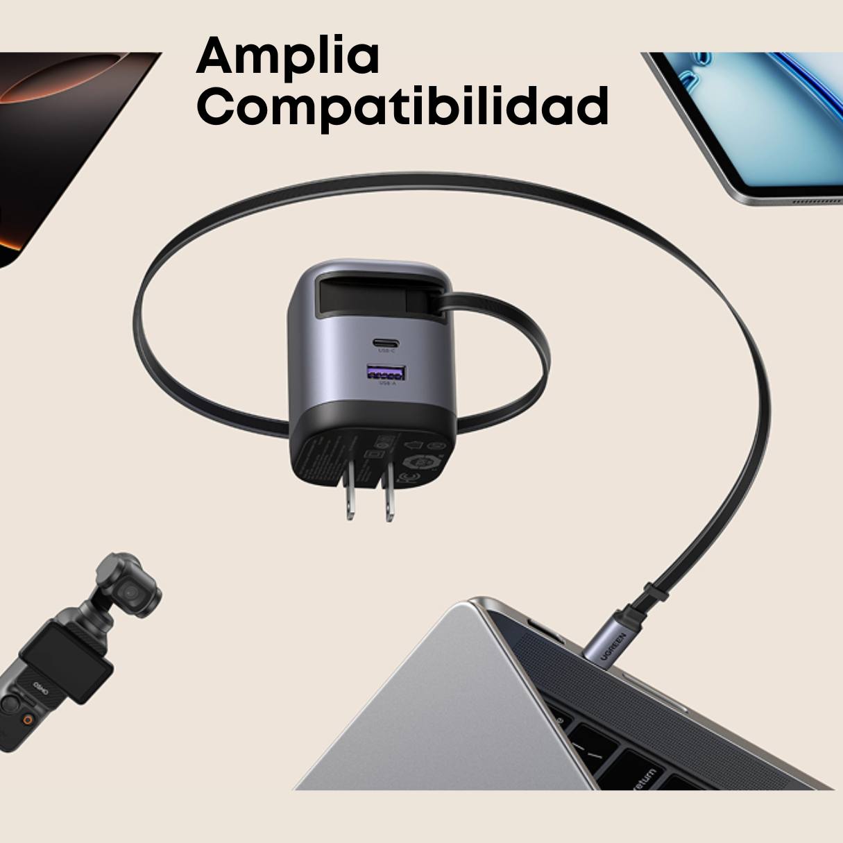 Ugreen Nexode Cargador retráctil tipo C de 65W GaN con cable integrado, carga rápida de 2 puertos para iPhone 17/16/15, Galaxy S25/S24, Pixel 10/9/8, MacBook Air, iPad y más