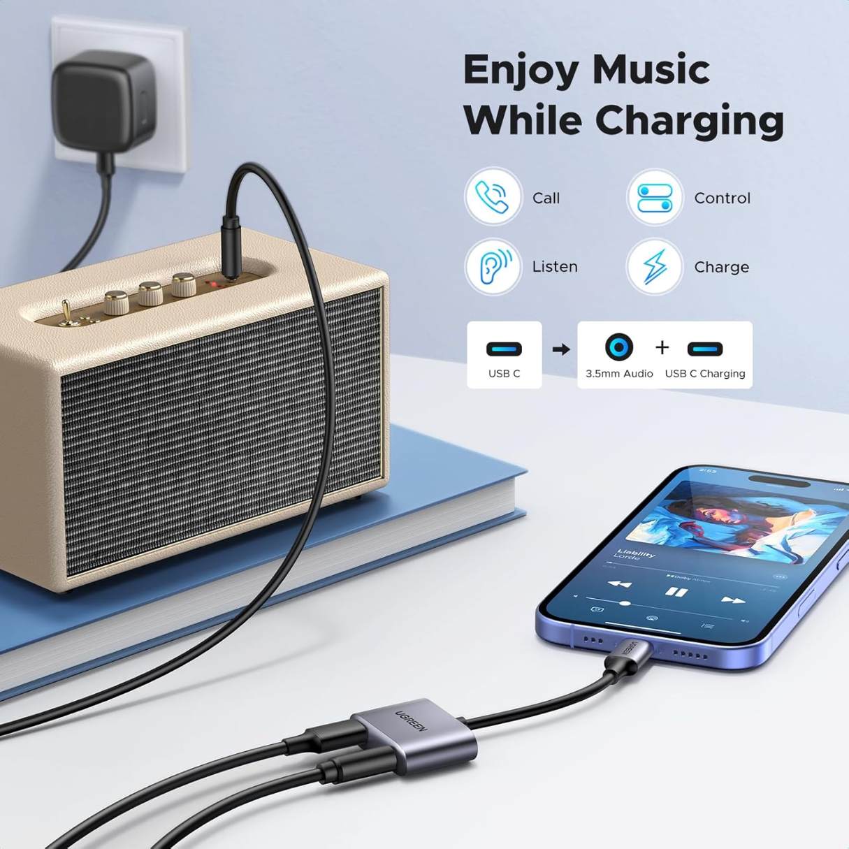 Ugreen USB-C a 3.5mm Adaptador de Audio con Puerto de Carga 2 en 1 PD 60W