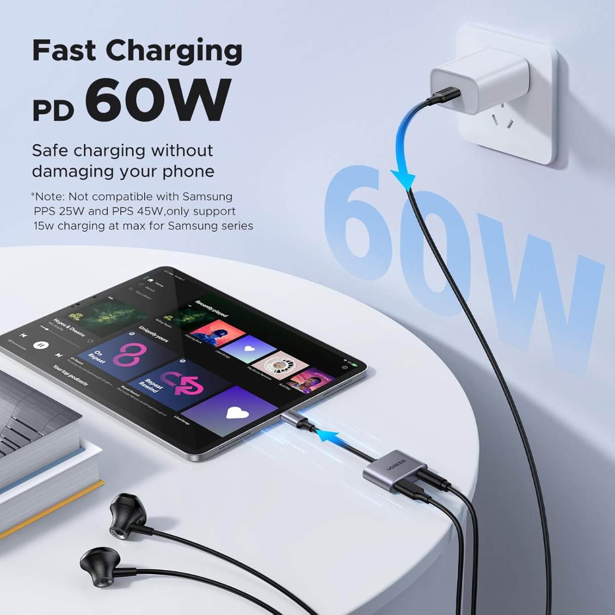 Ugreen USB-C a 3.5mm Adaptador de Audio con Puerto de Carga 2 en 1 PD 60W