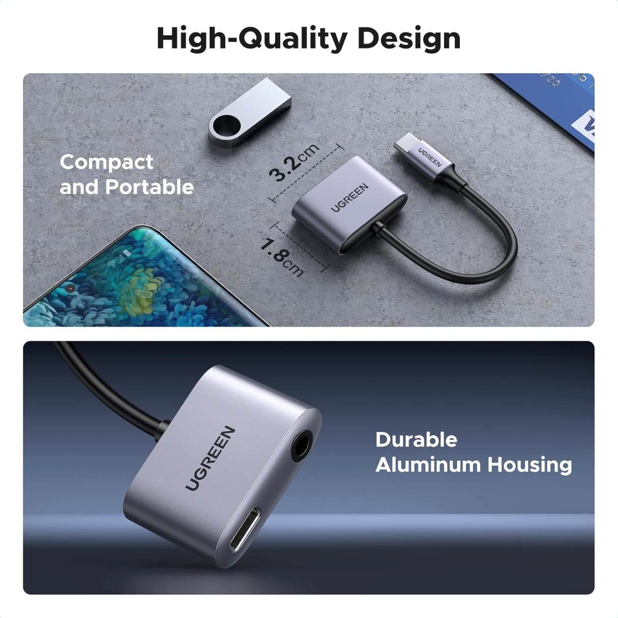 Ugreen USB-C a 3.5mm Adaptador de Audio con Puerto de Carga 2 en 1 PD 60W