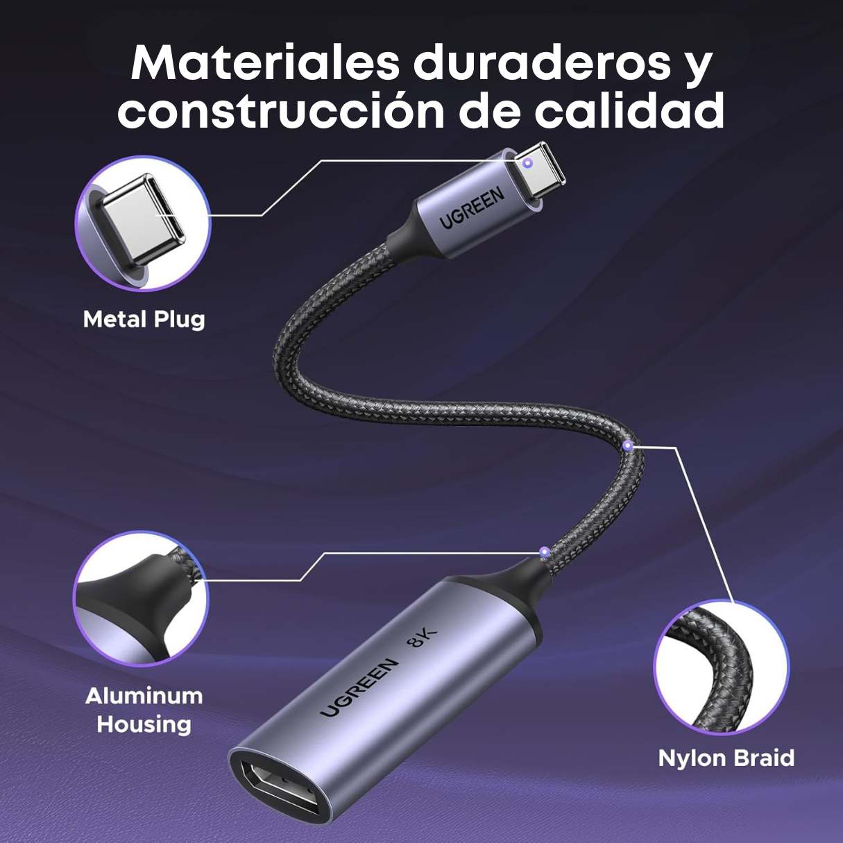 Ugreen Cable adaptador USB C a DisplayPort 1.4 de 8K a 60Hz 4K a 240Hz Thunderbolt 4/3 a puerto de pantalla convertidor con HDR VRR ALLM trenzado compatible con iPhone 17/16, Galaxy S25, MacBook Pro