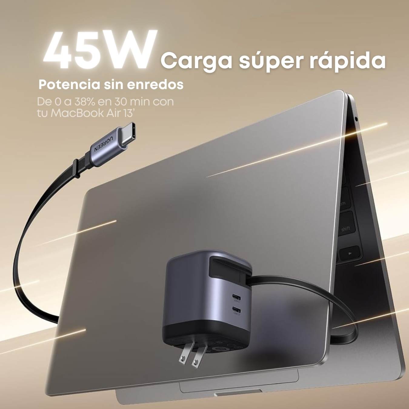 Ugreen Nexode Cargador retráctil GaN de 45W carga súper rápida, 3 puertos con enchufe plegable y cable retractil para iPhone 17/Samsung S25 Ultra