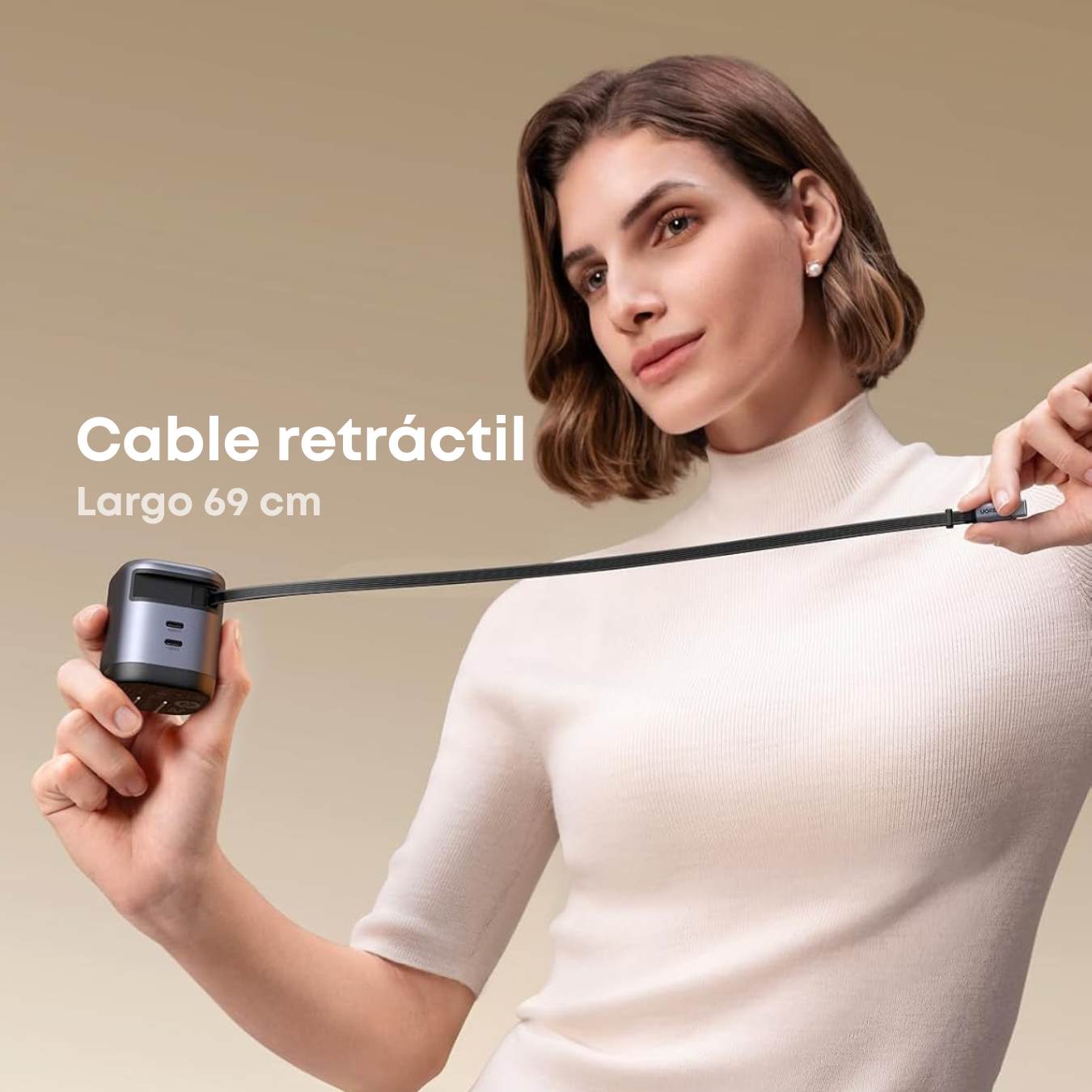 Ugreen Nexode Cargador retráctil GaN de 45W carga súper rápida, 3 puertos con enchufe plegable y cable retractil para iPhone 17/Samsung S25 Ultra