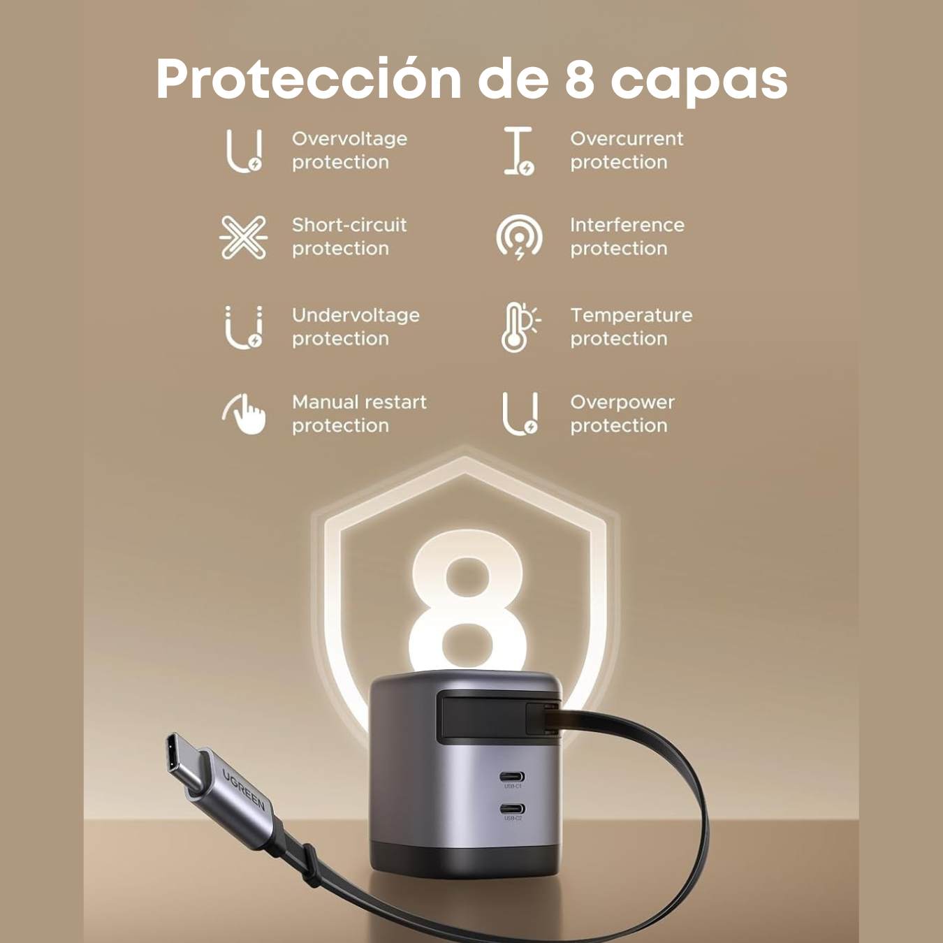 Ugreen Nexode Cargador retráctil GaN de 45W carga súper rápida, 3 puertos con enchufe plegable y cable retractil para iPhone 17/Samsung S25 Ultra