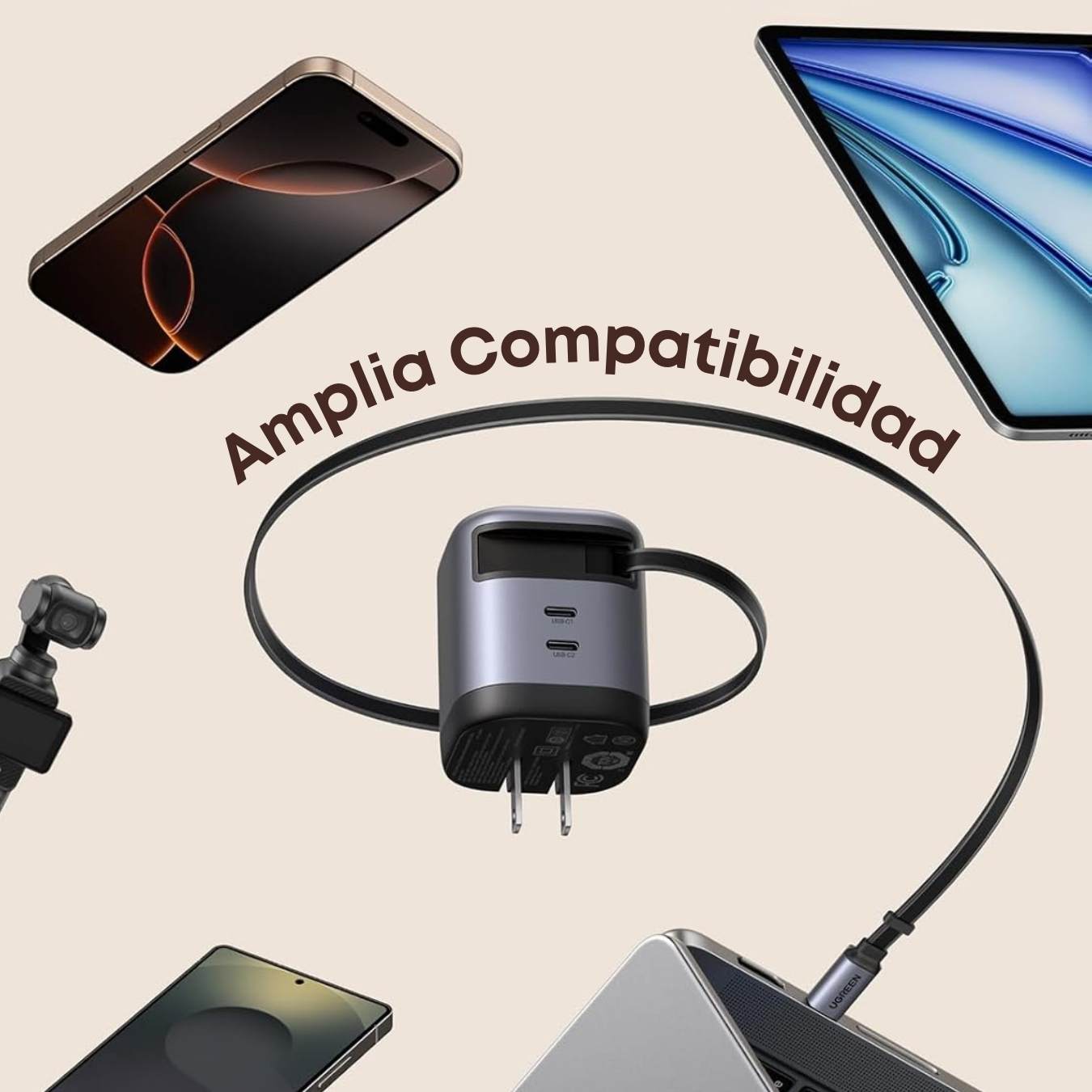 Ugreen Nexode Cargador retráctil GaN de 45W carga súper rápida, 3 puertos con enchufe plegable y cable retractil para iPhone 17/Samsung S25 Ultra