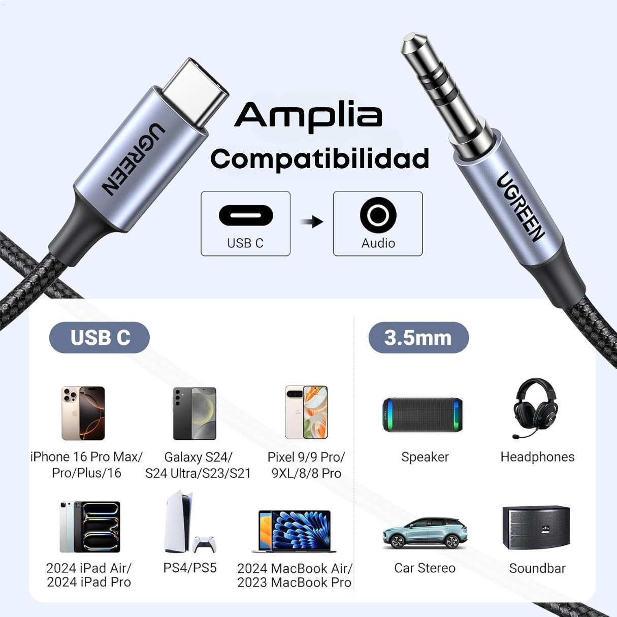 Ugreen Adaptador de audio auxiliar tipo C a 3.5mm compatible con Samsung Galaxy, iPhone 16/15