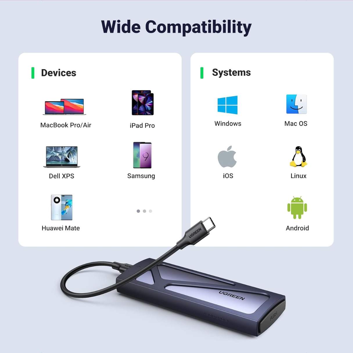 Ugreen Carcasa SSD tipo C externo M.2 NVMe, 10 Gbps compatible con llaves M y B&M y SSD de tamaño 2230/2242/2260/2280