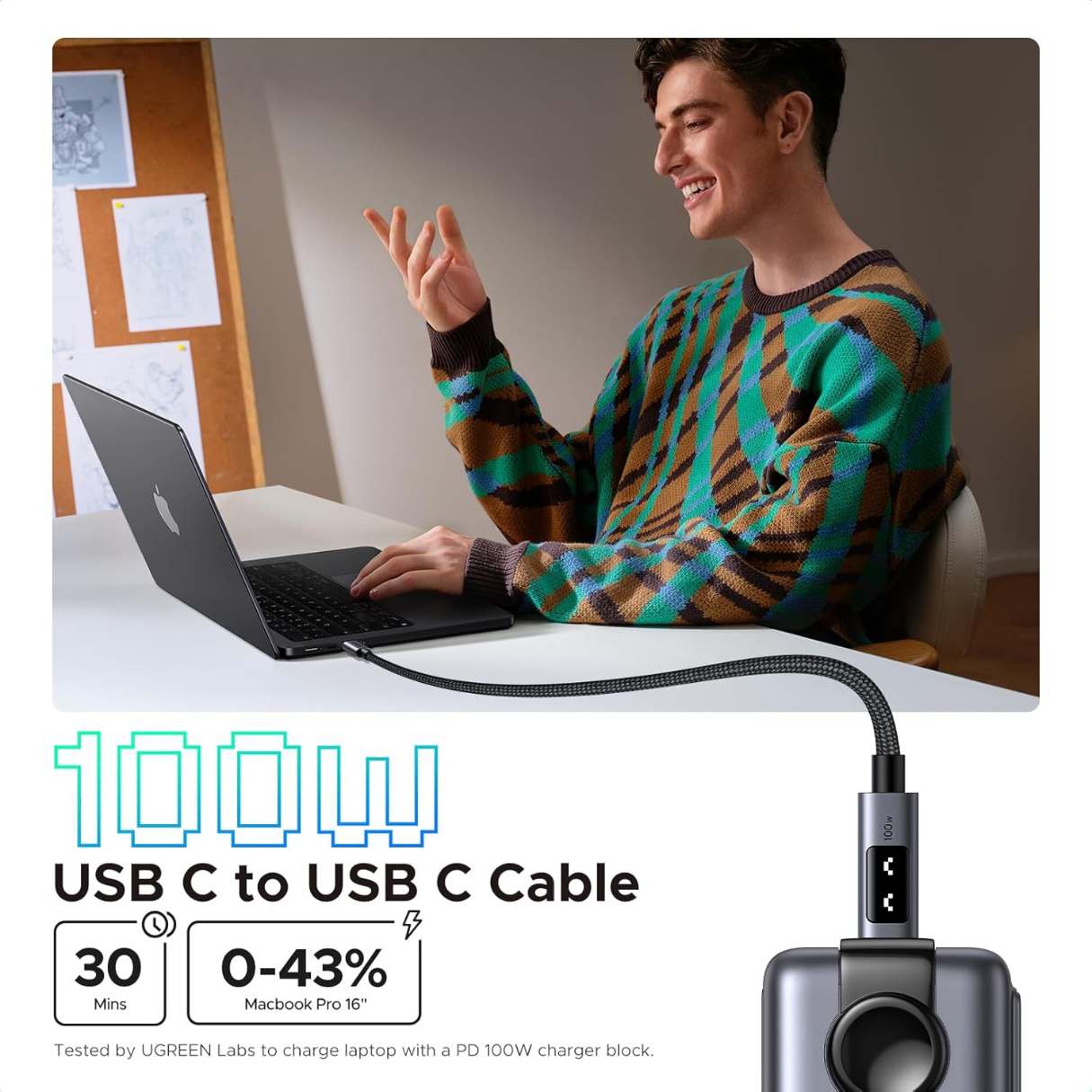 Ugreen Uno Cable tipo C C de 100W, carga rápida con pantalla LED para iPhone series 15/15 MacBook Pro/Air, iPad Pro/Air, Galaxy S25 Ultra