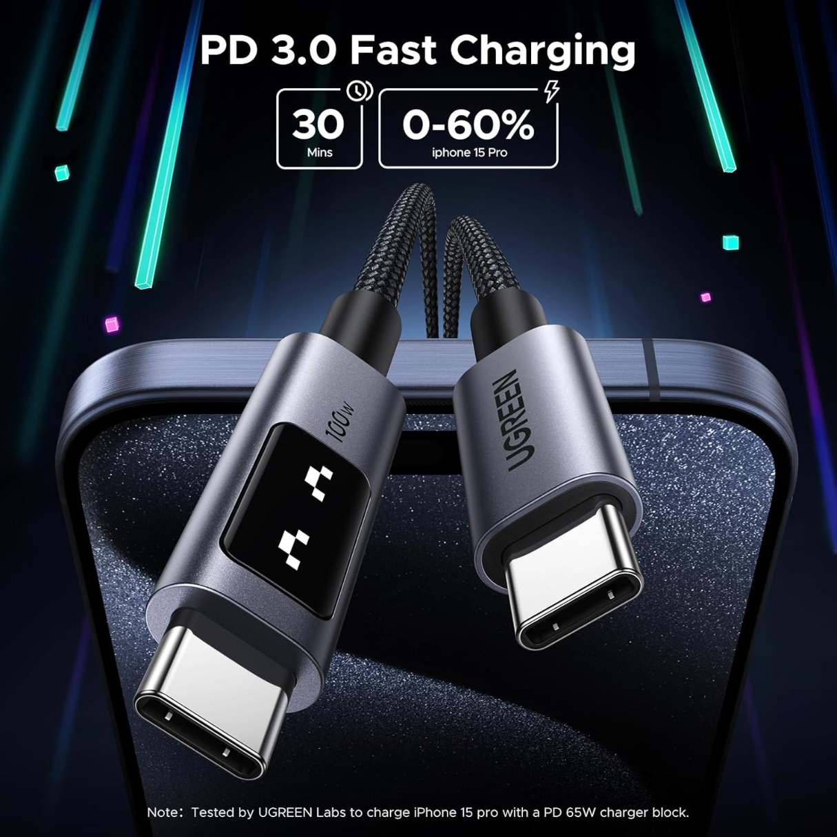 Ugreen Uno Cable tipo C C de 100W, carga rápida con pantalla LED para iPhone series 15/15 MacBook Pro/Air, iPad Pro/Air, Galaxy S25 Ultra