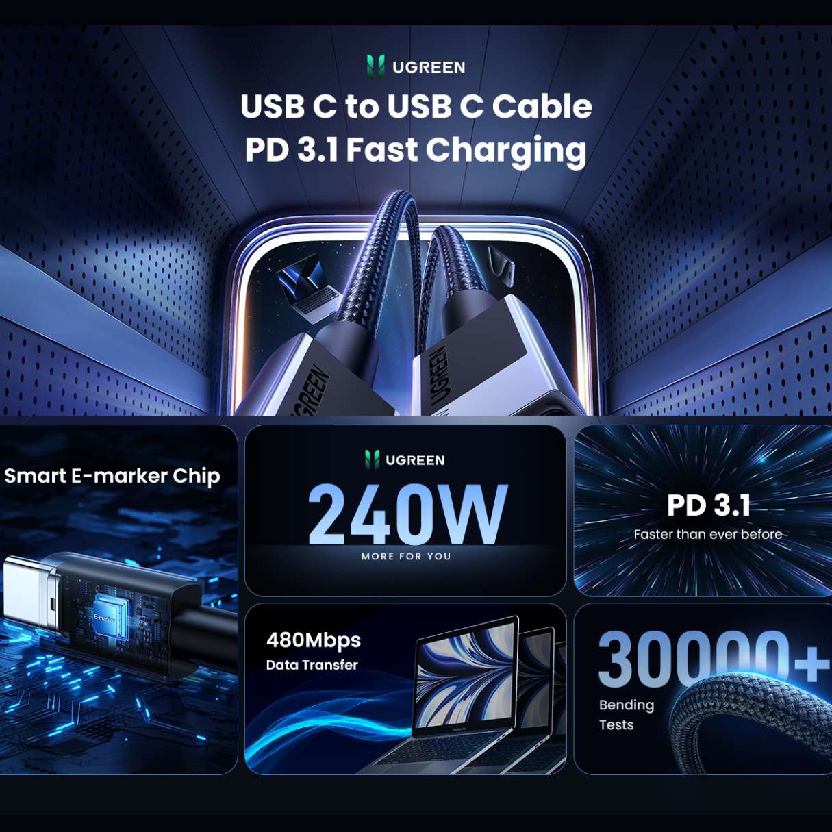 Ugreen Cable tipo C a C, de 240W carga rápida compatible con MacBook Pro/Air, iPhone 17/16/15, Galaxy S25/S24/Ultra, iPad Pro/Air/Mini 2M