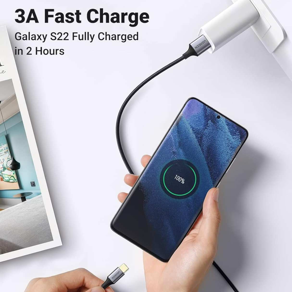 Ugreen Cable tipo C a A 3.0 transferencia de datos de 5 Gbps, trenzado carga rápida para Android Auto/iPhone 16/Galaxy/iPad