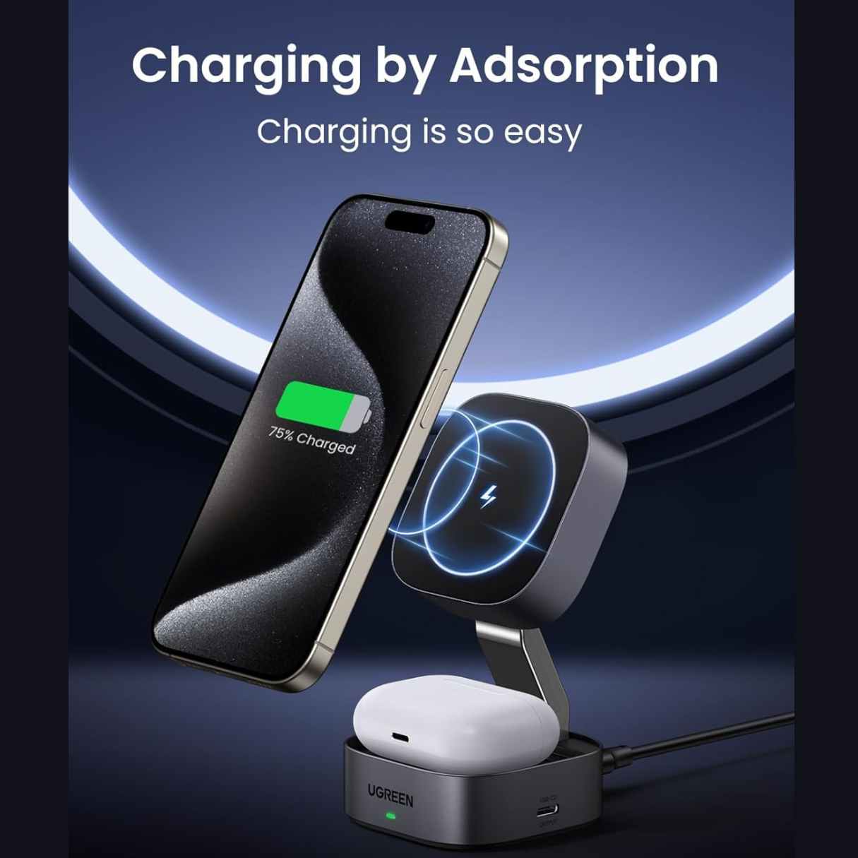 Ugreen estación de carga MagSafe 2 en 1 para iPhone 16, 15, 14, 13, 12, AirPods