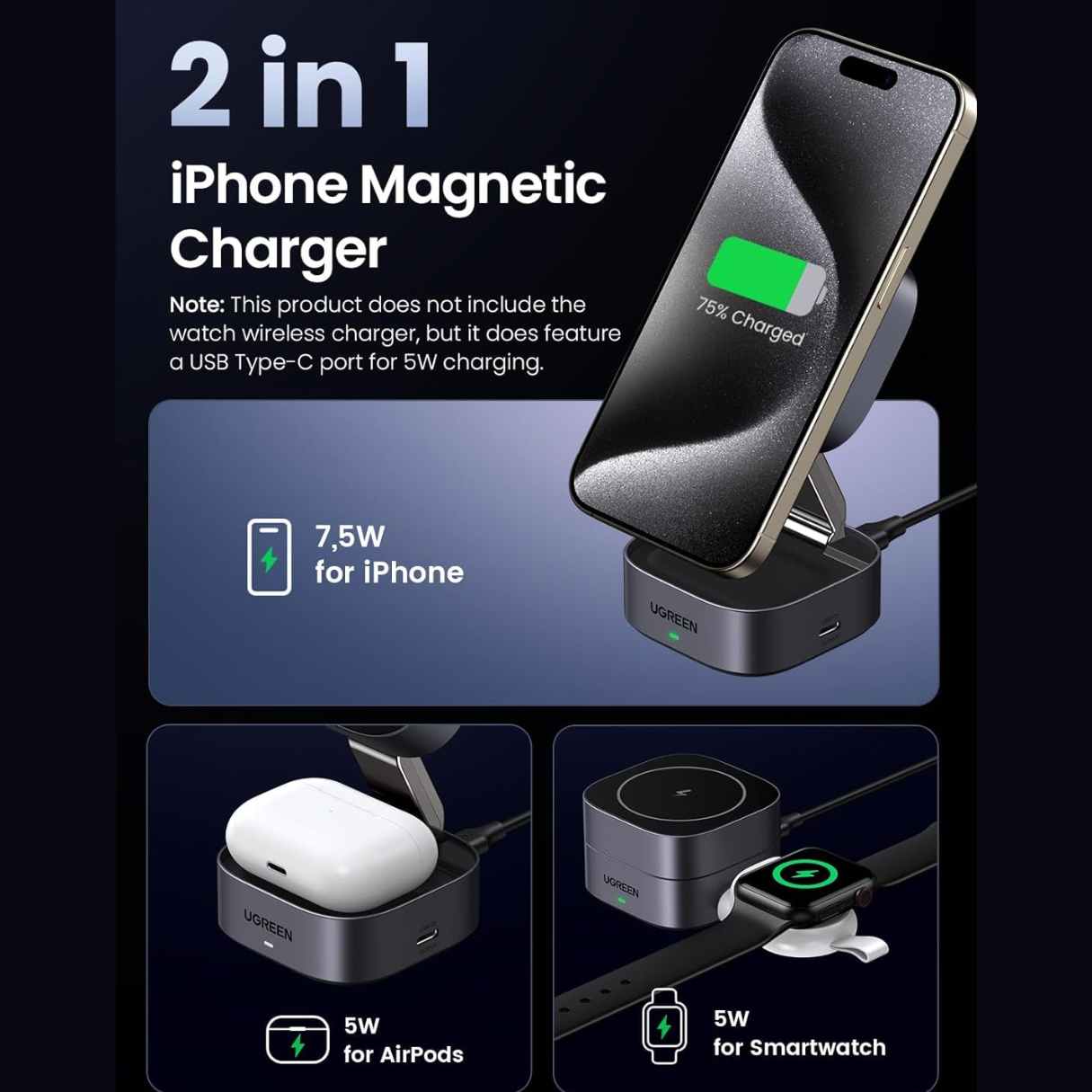 Ugreen estación de carga MagSafe 2 en 1 para iPhone 16, 15, 14, 13, 12, AirPods