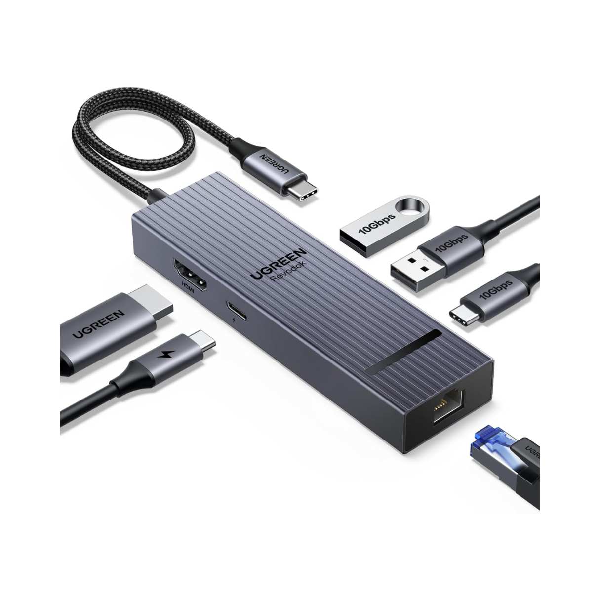 Ugreen Revodok Pro 6 en 1, tipo C Ethernet, 100W PD, 10 Gbps compatibles con Mac M1, M2, M3, iPad, iPhone 16 Pro/Pro Max