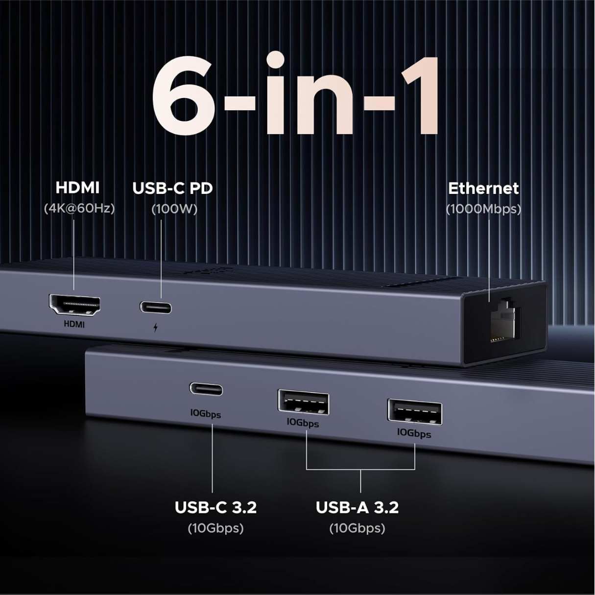 Ugreen Revodok Pro 6 en 1, tipo C Ethernet, 100W PD, 10 Gbps compatibles con Mac M1, M2, M3, iPad, iPhone 16 Pro/Pro Max