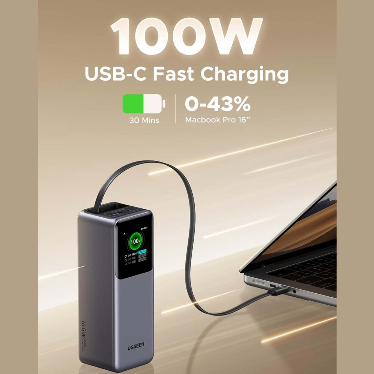 Ugreen Nexode Power Bank 20000mAh 165W con cable USB C integrado de 100 W, para MacBook Pro/Air/iPhone 16/iPad Pro/Galaxy S25 Ultra/Dell/HP y más