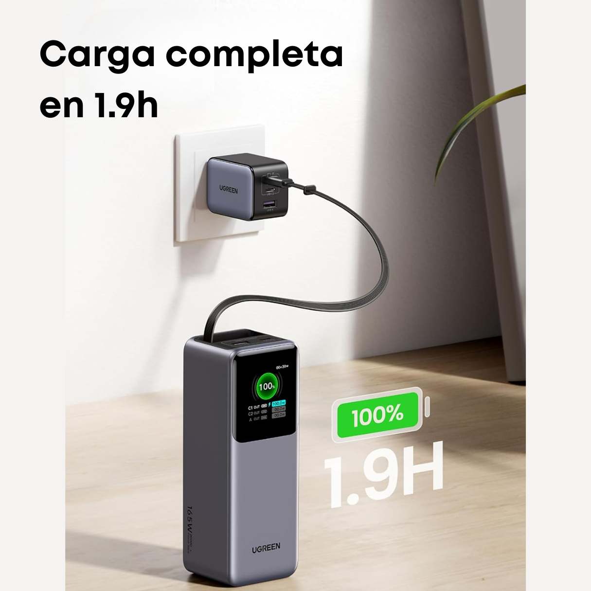 Ugreen Nexode Power Bank 20000mAh 165W con cable USB C integrado de 100 W, para MacBook Pro/Air/iPhone 16/iPad Pro/Galaxy S25 Ultra/Dell/HP y más