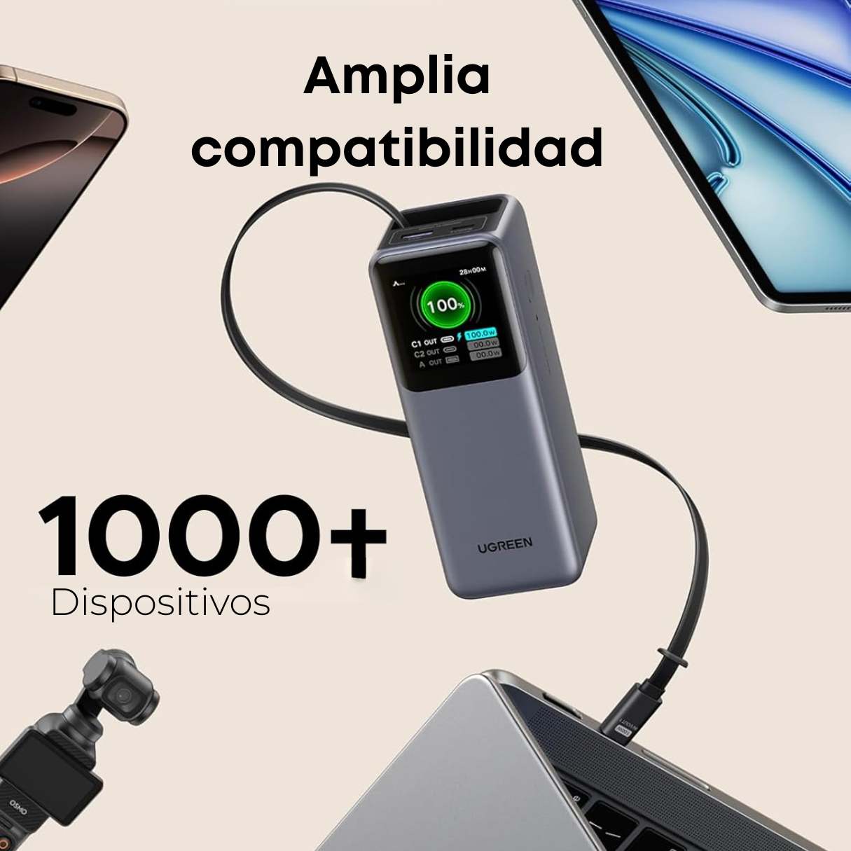 Ugreen Nexode Power Bank 20000mAh 165W con cable USB C integrado de 100 W, para MacBook Pro/Air/iPhone 16/iPad Pro/Galaxy S25 Ultra/Dell/HP y más