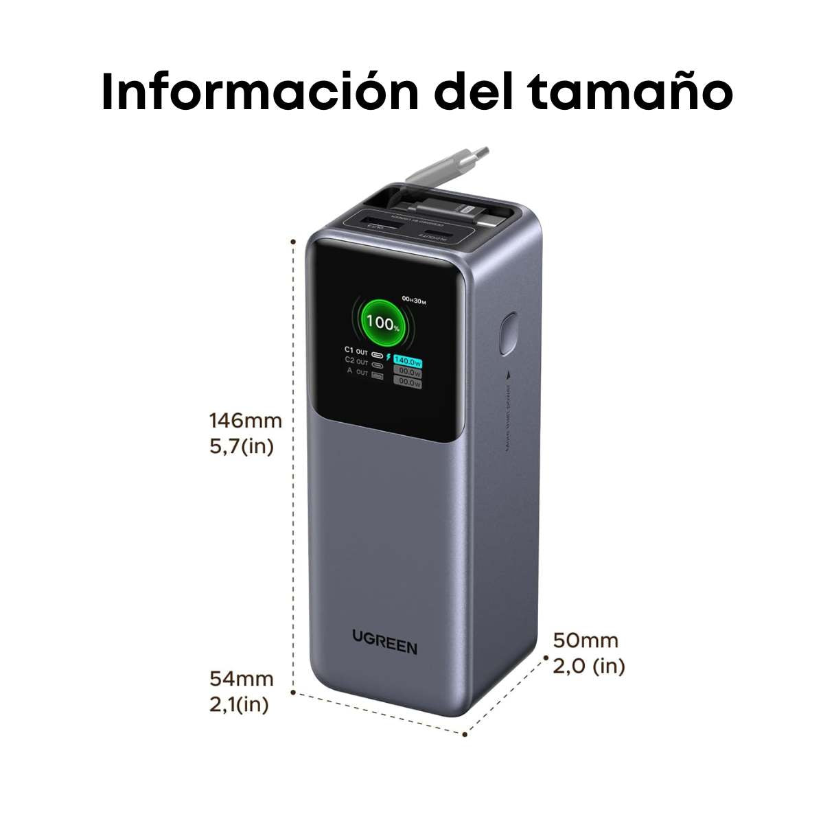 Ugreen Nexode Power Bank 20000mAh 165W con cable USB C integrado de 100 W, para MacBook Pro/Air/iPhone 16/iPad Pro/Galaxy S25 Ultra/Dell/HP y más