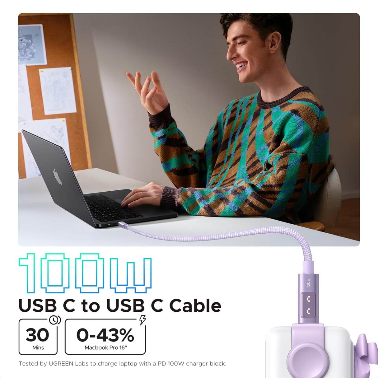 Ugreen Uno Cable tipo C C de 100W, carga rápida con pantalla LED, duradero, nailon trenzado para celulares, tablets, laptops y más