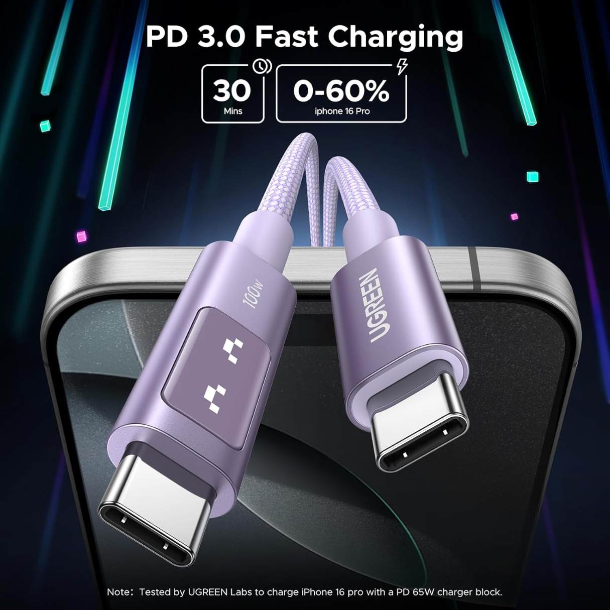 Ugreen Uno Cable tipo C C de 100W, carga rápida con pantalla LED, duradero, nailon trenzado para celulares, tablets, laptops y más
