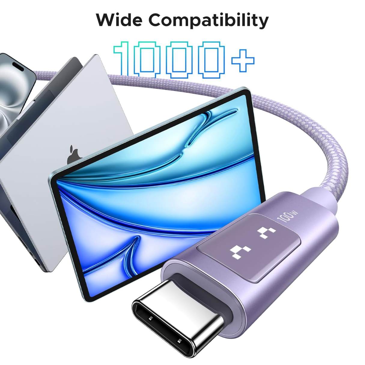Ugreen Uno Cable tipo C C de 100W, carga rápida con pantalla LED, duradero, nailon trenzado para celulares, tablets, laptops y más