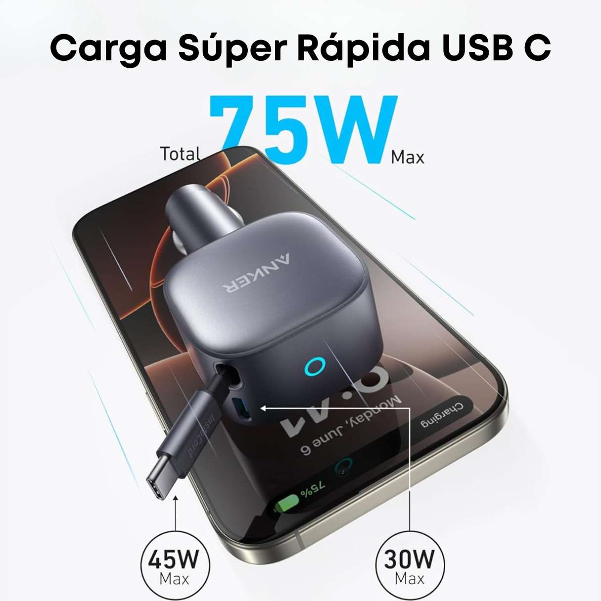 Anker Cargador de vehículo tipo C 75 W compacto carga rápida con cable retráctil incorporado tipo C