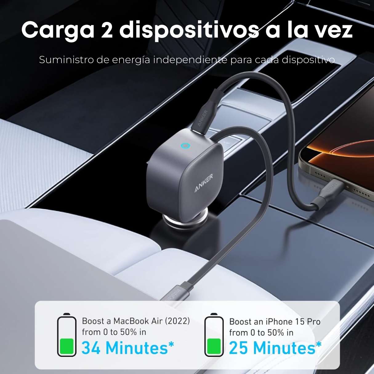 Anker Cargador de vehículo tipo C 75 W compacto carga rápida con cable retráctil incorporado tipo C