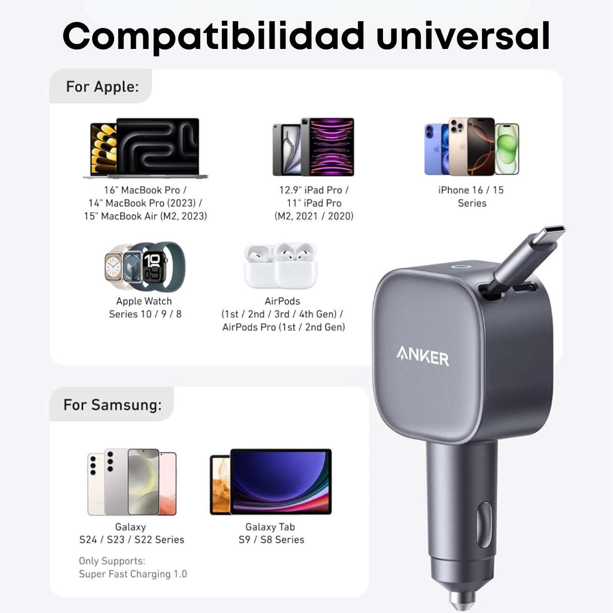Anker Cargador de vehículo tipo C 75 W compacto carga rápida con cable retráctil incorporado tipo C