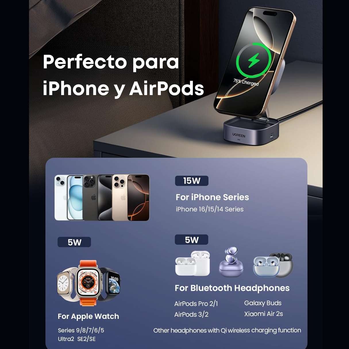 UGREEN Cargador MagSafe 2 en 1 Qi2 15W