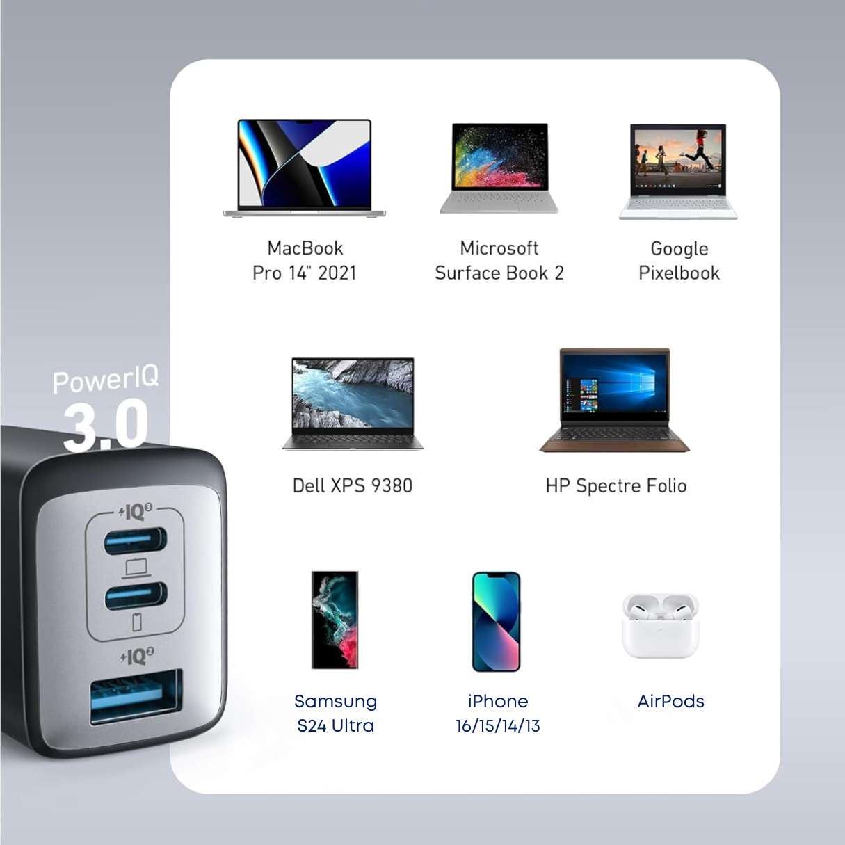 Anker Cargador tipo C (Nano 65W), PPS de 3 puertos compacto y plegable para MacBook, iPad, Galaxy, iPhone 16/15 y más