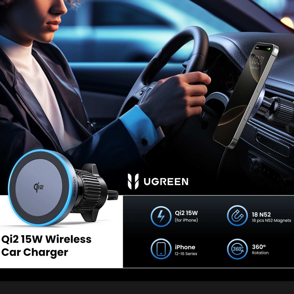 Ugreen Cargador de vehículo inalámbrico Qi2, 15W carga rápida fuerte soporte magnético para iPhone 16/15/14/13/12 Series