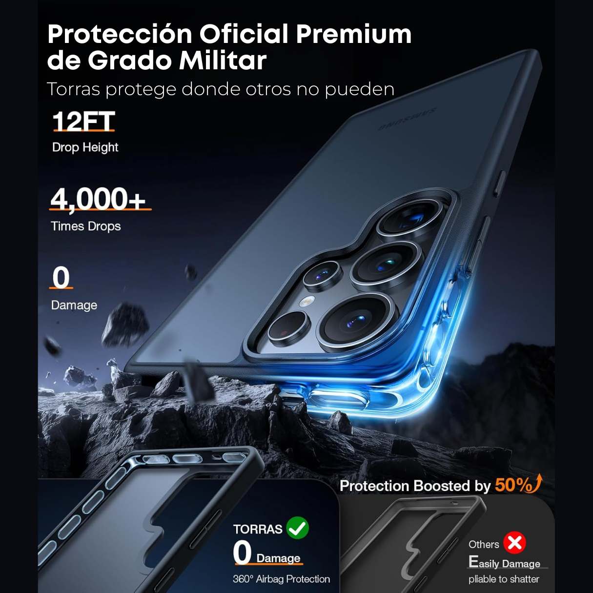 Torras Funda para Samsung Galaxy S25 Ultra a prueba de golpes grado militar, delgada, semitransparente, negra