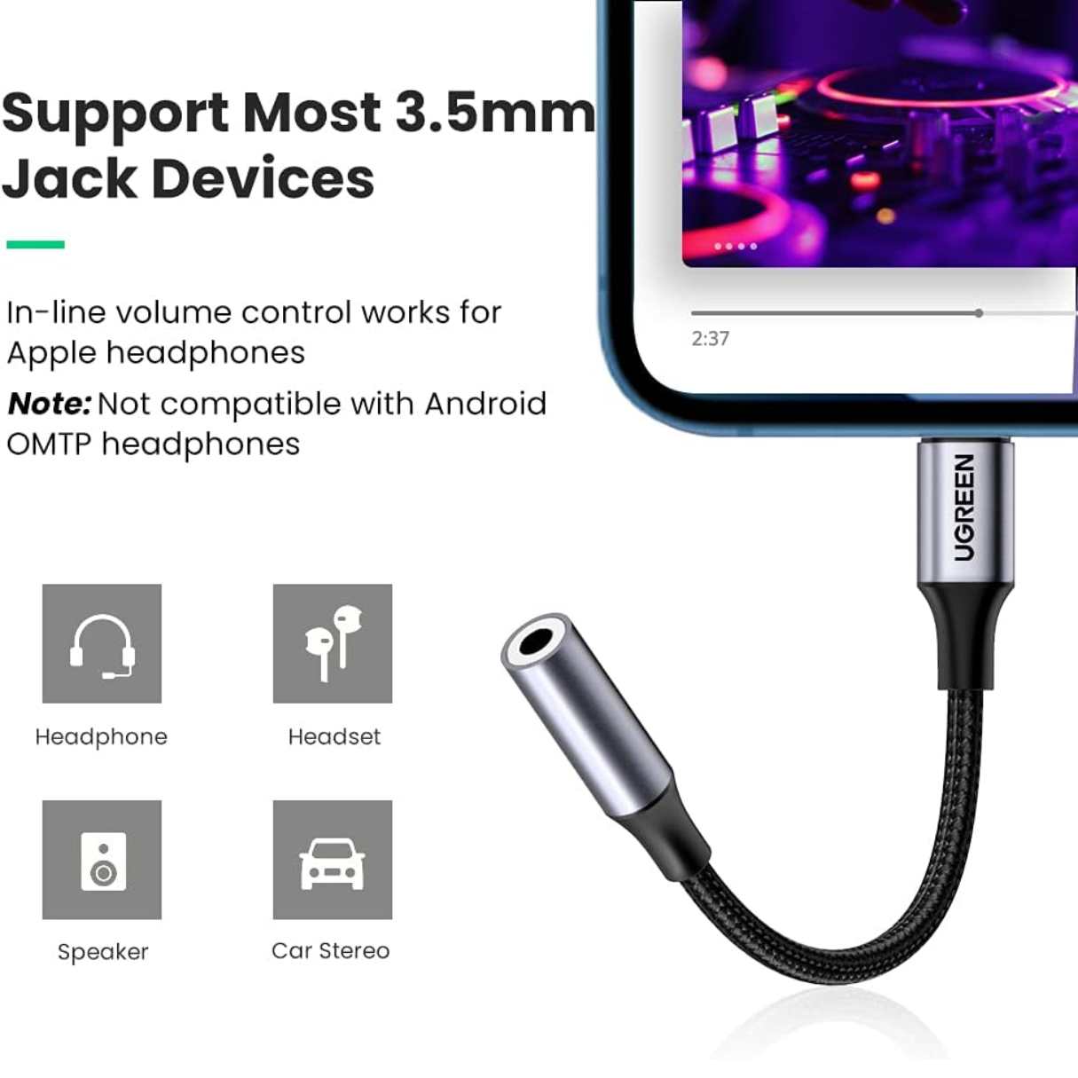 GREEN Adaptador de Audio Lightning a 3.5mm para iPhone