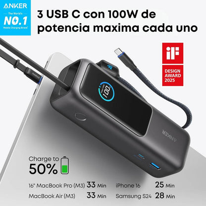 Anker Cargador Portátil de 25000 mAh 3 puertos tipo C de 100W, cables integrados y retráctiles, para iPhone 16/15 Series, MacBook, Samsung y más