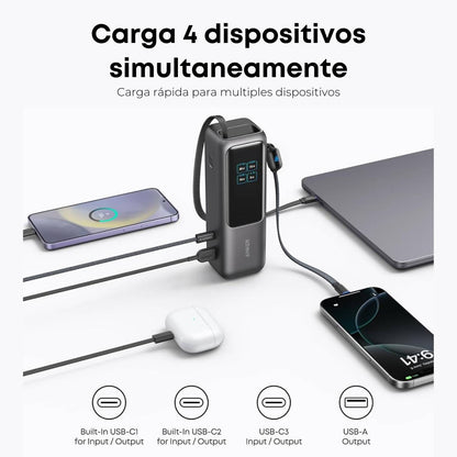 Anker Cargador Portátil de 25000 mAh 3 puertos tipo C de 100W, cables integrados y retráctiles, para iPhone 16/15 Series, MacBook, Samsung y más