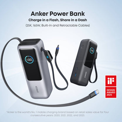 Anker Cargador Portátil de 25000 mAh 3 puertos tipo C de 100W, cables integrados y retráctiles, para iPhone 16/15 Series, MacBook, Samsung y más