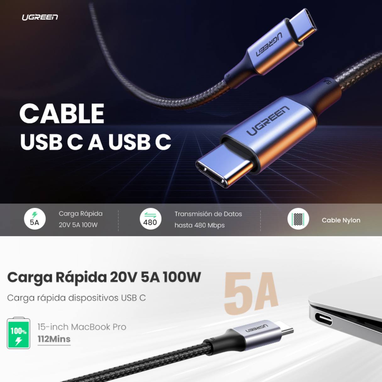 UGREEN Pack 2 Cables USB-C a USB-C 100W