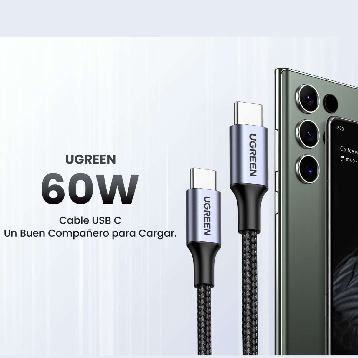 Cable tipo C Ugreen 60W 1M para iPhone 15/16/iPAd/Samsung Galaxy (paquete 2 unidades)