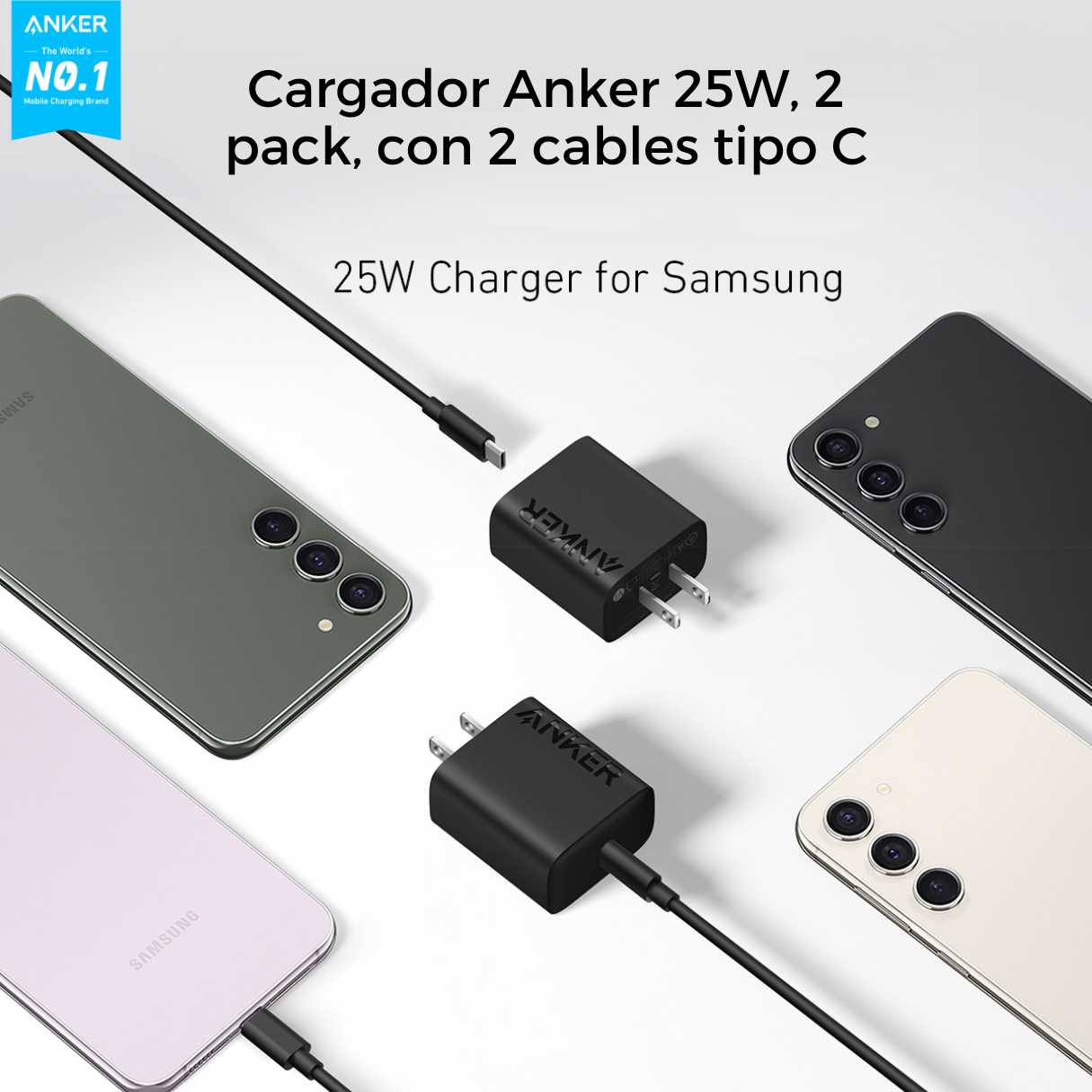 Anker cargador tipo C para Samsung Galaxy 25W con cable, paquete de 2, Soporta carga rápida PPS