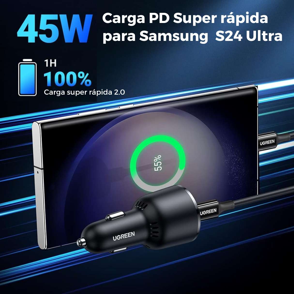 Ugreen Cargador de vehículo tipo C 63W carga super rápida con cable tipo C