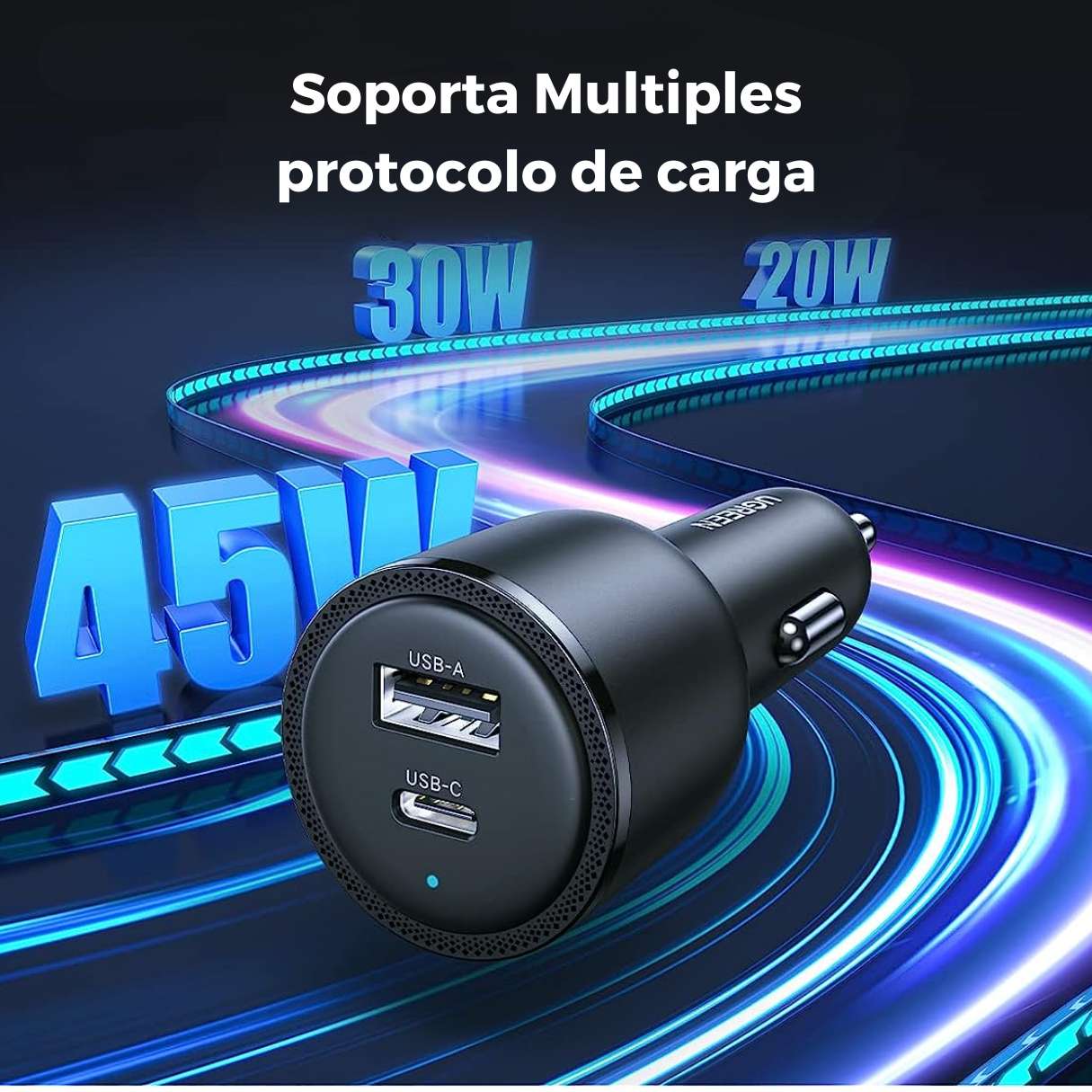 Ugreen Cargador de vehículo tipo C 63W carga super rápida con cable tipo C